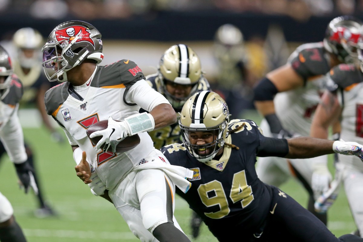 Tampa Bay quarterback Jameis Winston (3) is sacked by Saints defensive end Cameron Jordan (94). Mandatory Credit: Chuck Cook-USA TODAY
